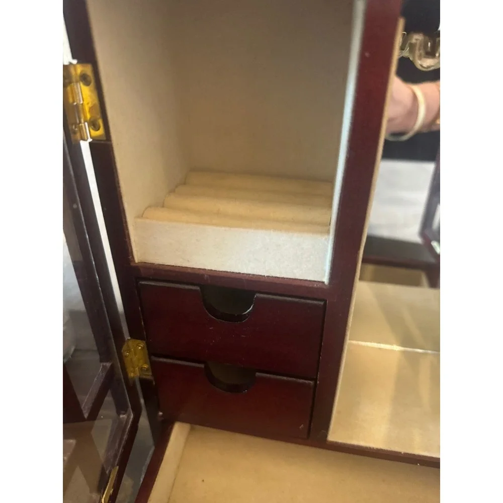 Vintage Wooden Jewelry Armoire Cherry Finish Glass Doors Necklace Carousel Box